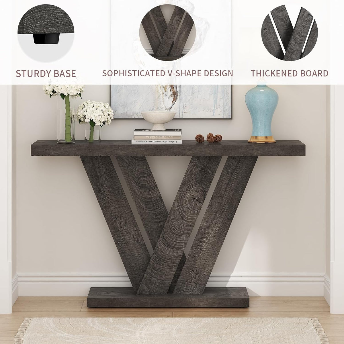 51" Console Table, V-Shaped Entryway Table, Wood Sofa Table Behind Couch