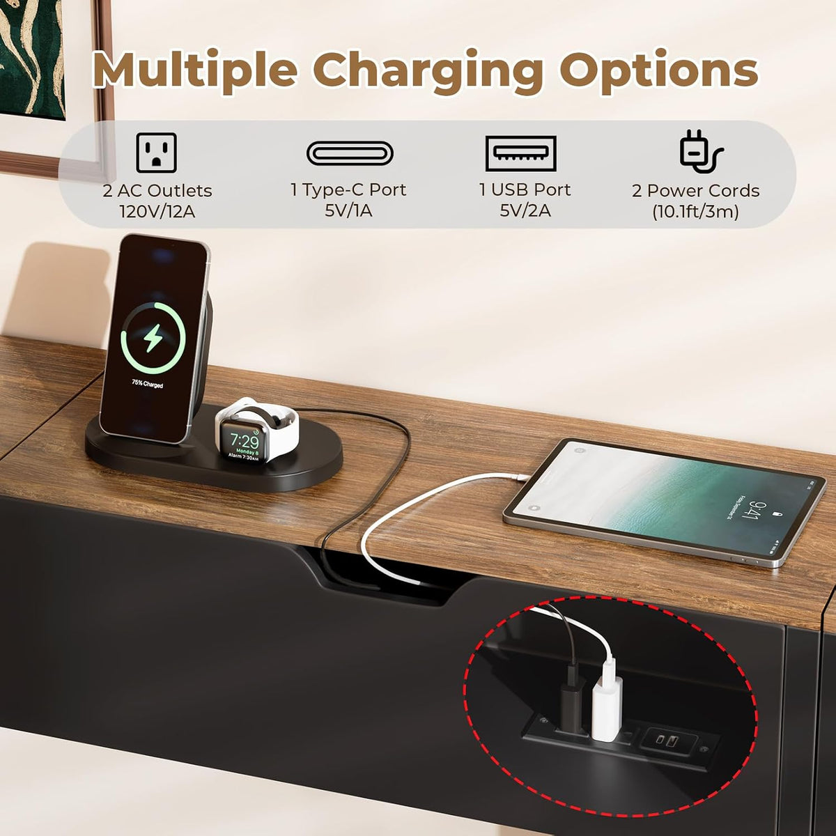BROTTAR 78.7" Flip Top Behind Couch Table with Outlets and Storage, Brown