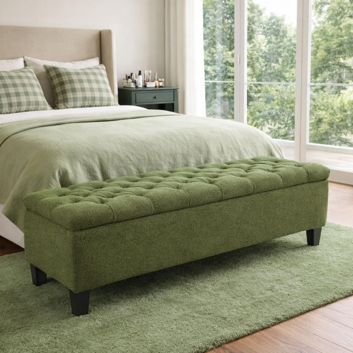 Storage Bench for Bedroom, 65.2'' Tufted End of Bed King Size Upholstered Extra-Long Bench with Dual Flip-Top Lids for Entryway, Hallway, Cloakroom, Window, Griege.