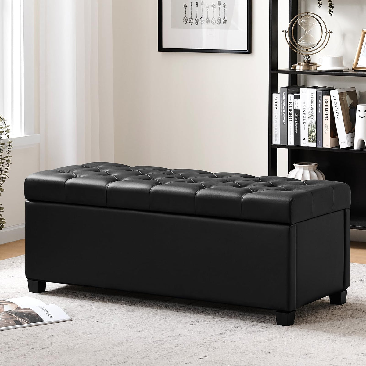 kinmars Leather Storage Ottoman Bench, End of Bed Bench with Steel Legs