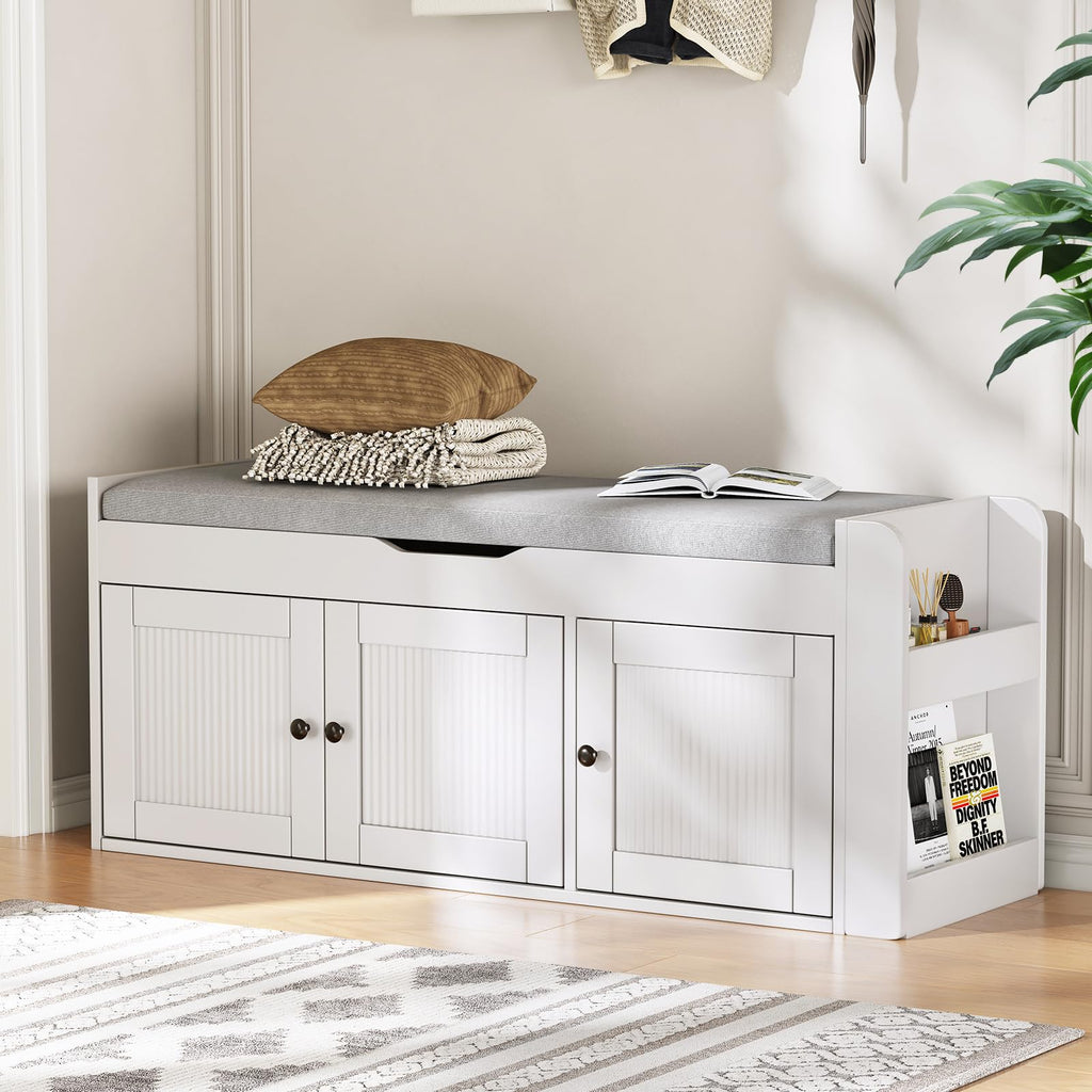 47.2" Storage Bench - Entryway Shoe Bench with Side Storage Shelves and 4 Doors, Multifunctional Entryway Bench with Lift Top Cushion, Shoe Storage Bench for Bedroom, Living Room, White