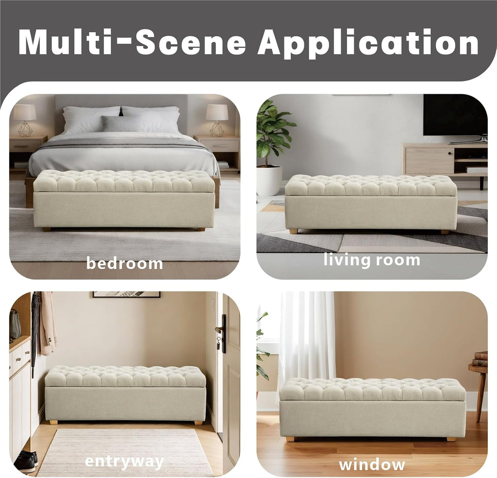 Chifee & Vingol 60" Ottoman with Storage Oversized End of Bed Storage Bench Upholstered Benches for Entryway, Living Room, Bedroom-Beige