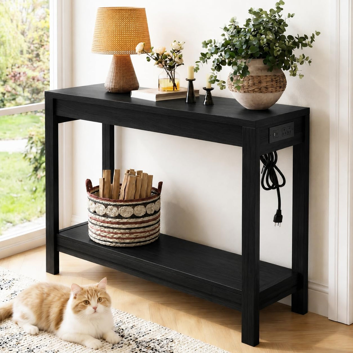 47" Entryway Table, Narrow Console Sofa Table, with Outlets and USB-C Port, Entryway Table with Open Storage, for Living Room, Hallway, Entryway, Foyer, Kitchen Counter, Black