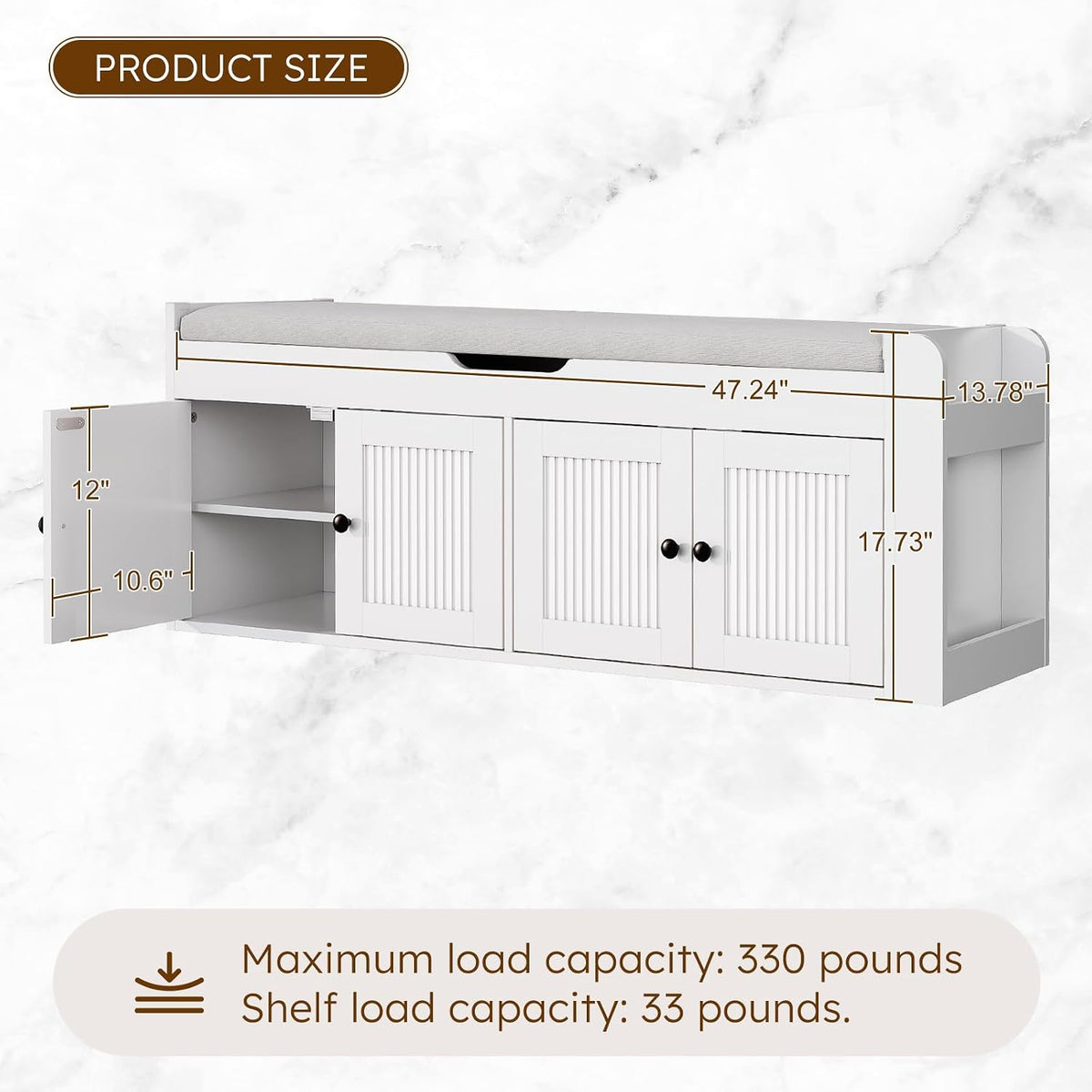 47.2" Storage Bench - Entryway Shoe Bench with Side Storage Shelves and 4 Doors, Multifunctional Entryway Bench with Lift Top Cushion, Shoe Storage Bench for Bedroom, Living Room, White