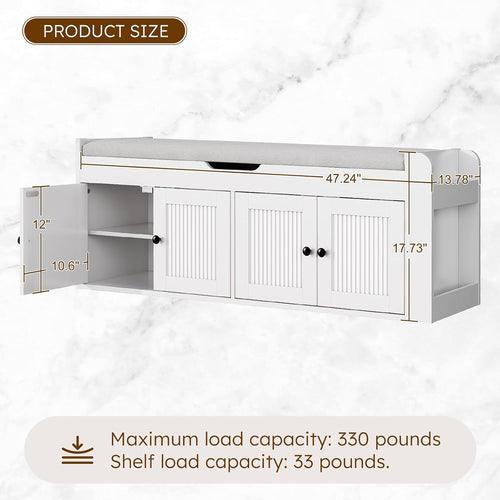 47.2" Storage Bench - Entryway Shoe Bench with Side Storage Shelves and 4 Doors, Multifunctional Entryway Bench with Lift Top Cushion, Shoe Storage Bench for Bedroom, Living Room, White