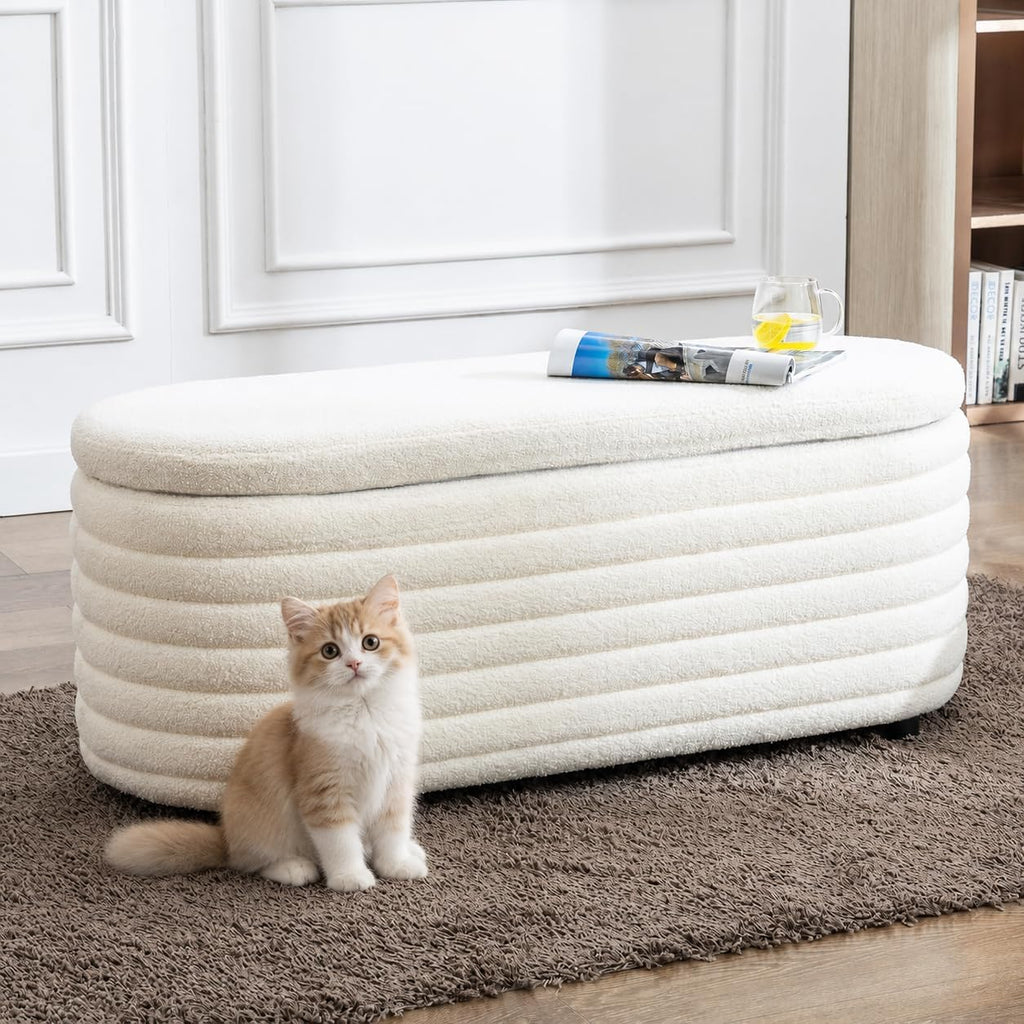 45.5" Storage Teddy Ottoman Bench Upholstered Fabric Bench Hidden Storage Chest with Slow-Close Safety Hinge for Bedroom, Living Room, Entryway, White