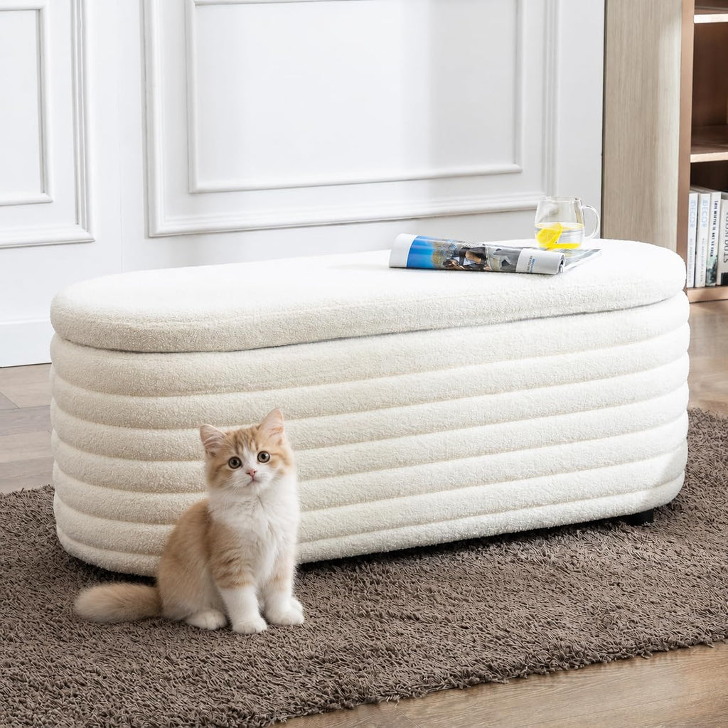 45.5" Storage Teddy Ottoman Bench Upholstered Fabric Bench Hidden Storage Chest with Slow-Close Safety Hinge for Bedroom, Living Room, Entryway, White