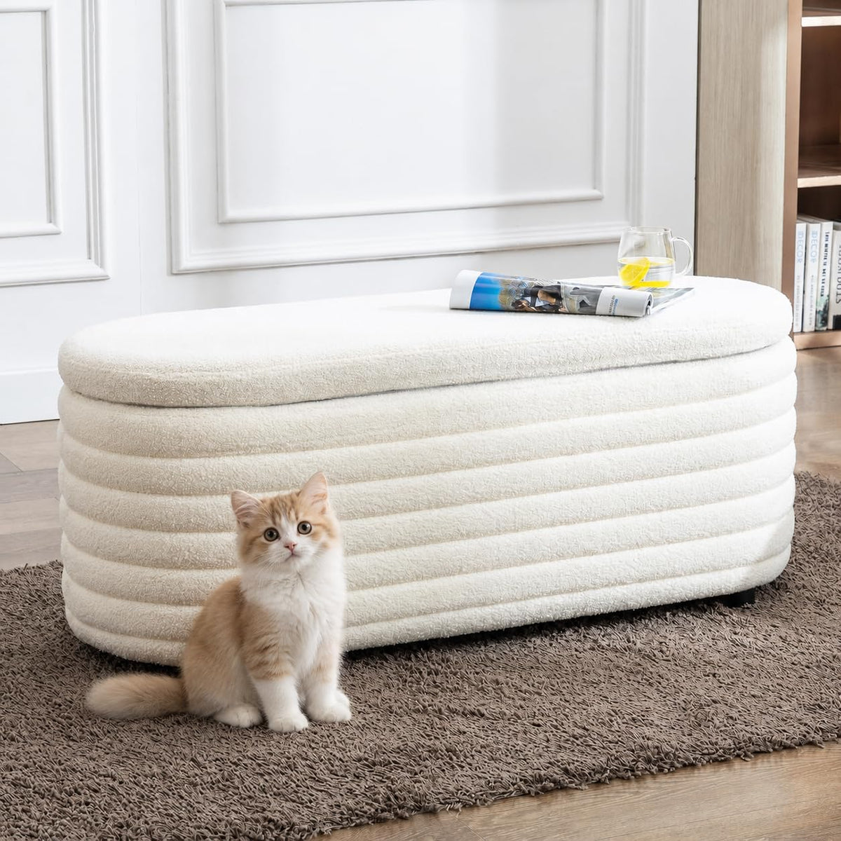 45.5" Storage Teddy Ottoman Bench Upholstered Fabric Bench Hidden Storage Chest with Slow-Close Safety Hinge for Bedroom, Living Room, Entryway, White