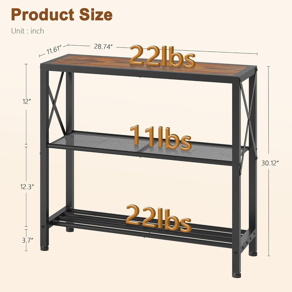 Hoctieon Set of 2 Industrial Console Table, 3 Tier Entryway Table, Metal Frame, Sofa Table with Shelf, Hallway Table, Entrance Table for Entryway, Living Room, Foyer, Hallway, Rustic Brown&Black