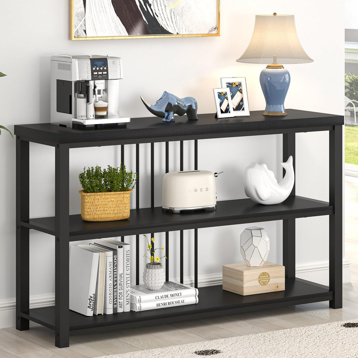 FOLUBAN Modern Sofa Table for Entryway, 3 Tier Narrow Console Table for Living Room Hallway Behind Couch, Rustic Oak