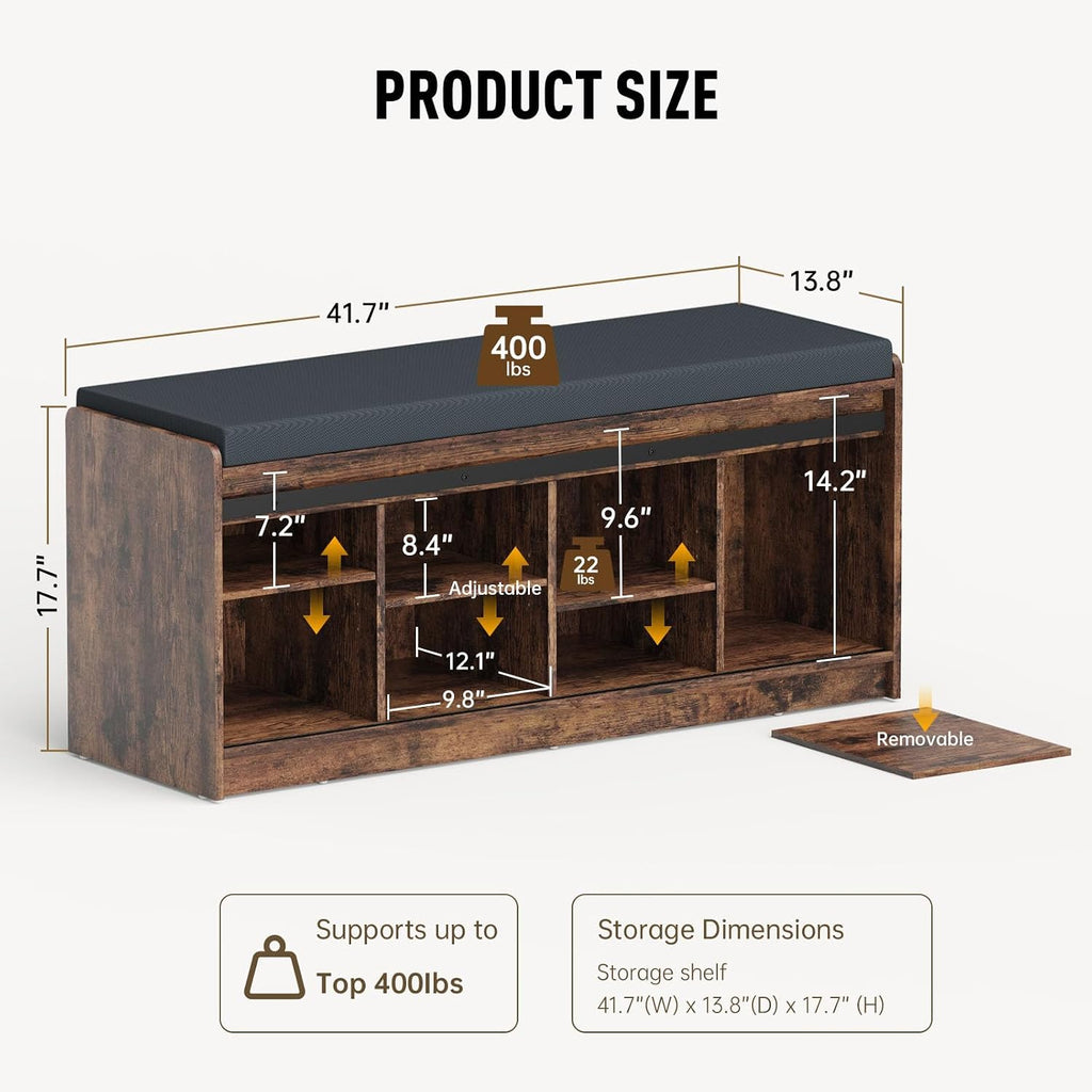 42" Farmhouse Shoe Storage Bench with Seating Cushion,for Entryway