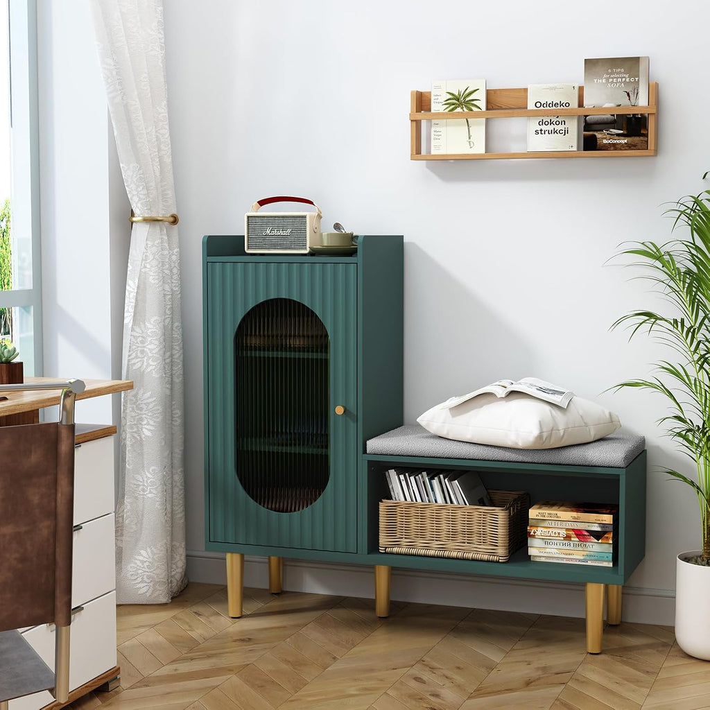 HLR Shoe Storage Bench with Glass Door&Shelf, L-Shaped Shoe Cabinet, Green