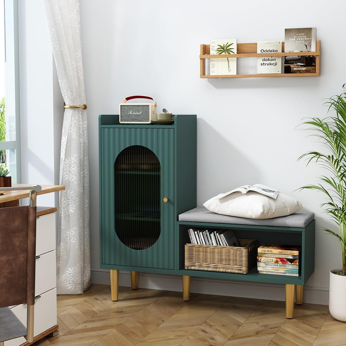 HLR Shoe Storage Bench with Glass Door&Shelf, L-Shaped Shoe Cabinet, Green