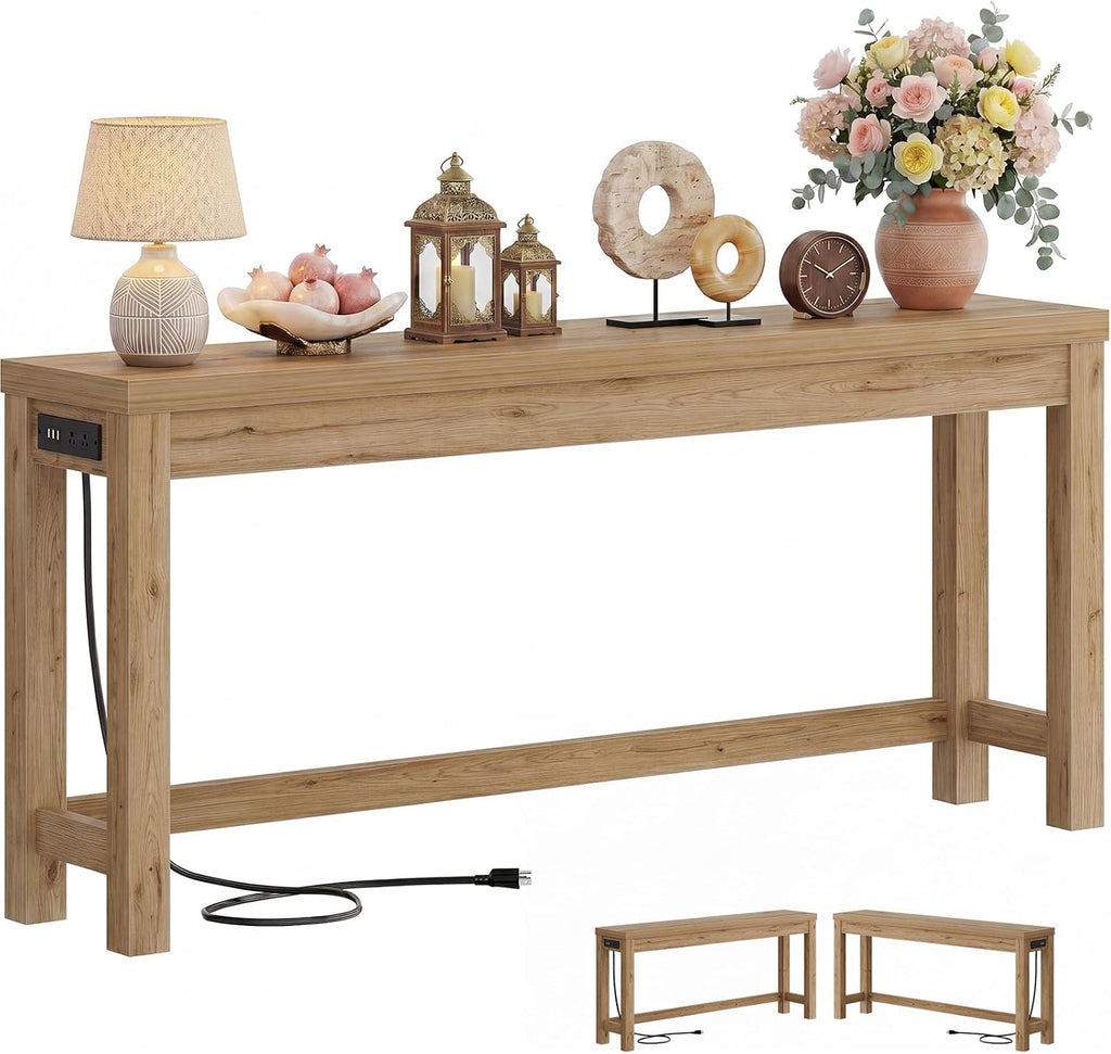 Cyclysio 63" Console Table with 2 AC Outlets & 3 USB Ports, Natural Oak