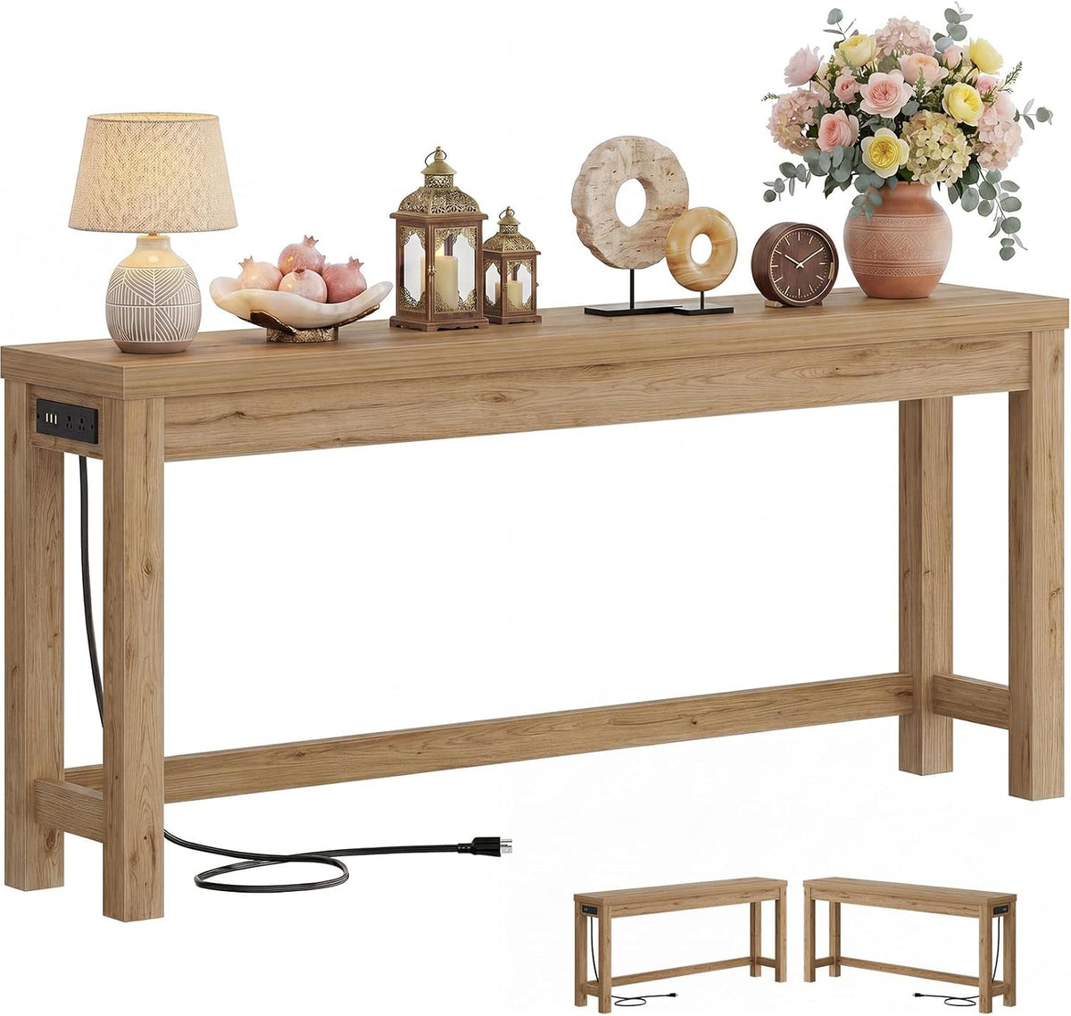Cyclysio 63" Console Table with 2 AC Outlets & 3 USB Ports, Natural Oak
