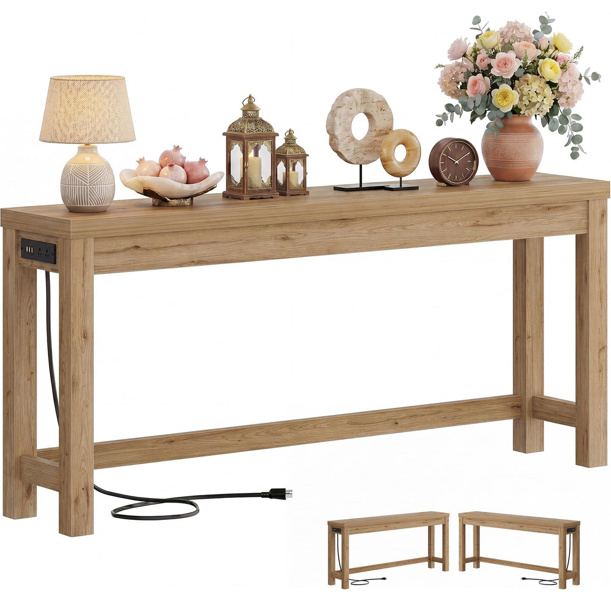Cyclysio 63" Console Table with 2 AC Outlets & 3 USB Ports, Natural Oak