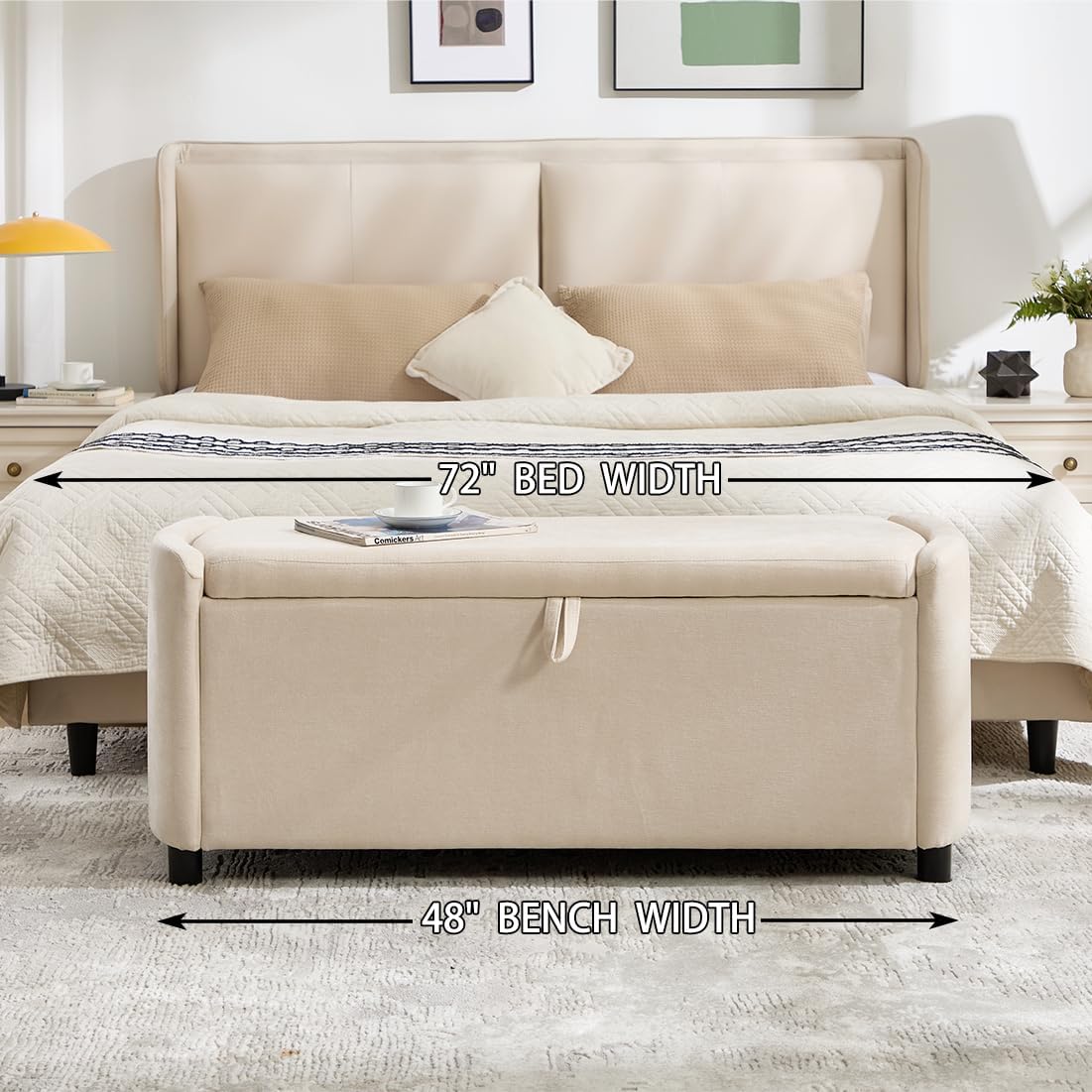 48" Ottoman with Storage, Large Storage Ottoman Bench, Beige
