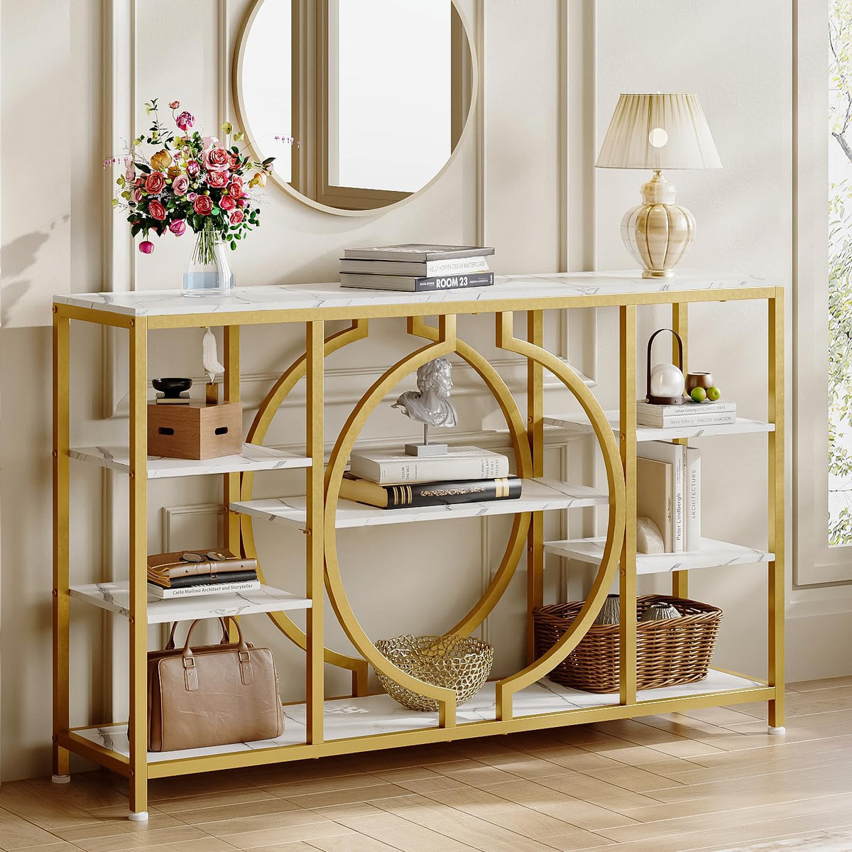 GiftGo 47" Industrial Console Tables for Entryway Rustic Sofa Table Behind Couch 4 Tier Wooden Shelves Entry Table with Storage for Foyer, Hallway, Front Door,Living Room (White Gold, 47")