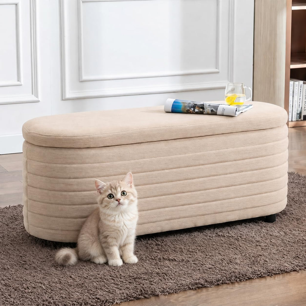 45.5" Storage Teddy Ottoman Bench Upholstered Fabric Bench Hidden Storage Chest with Slow-Close Safety Hinge for Bedroom, Living Room, Entryway, White