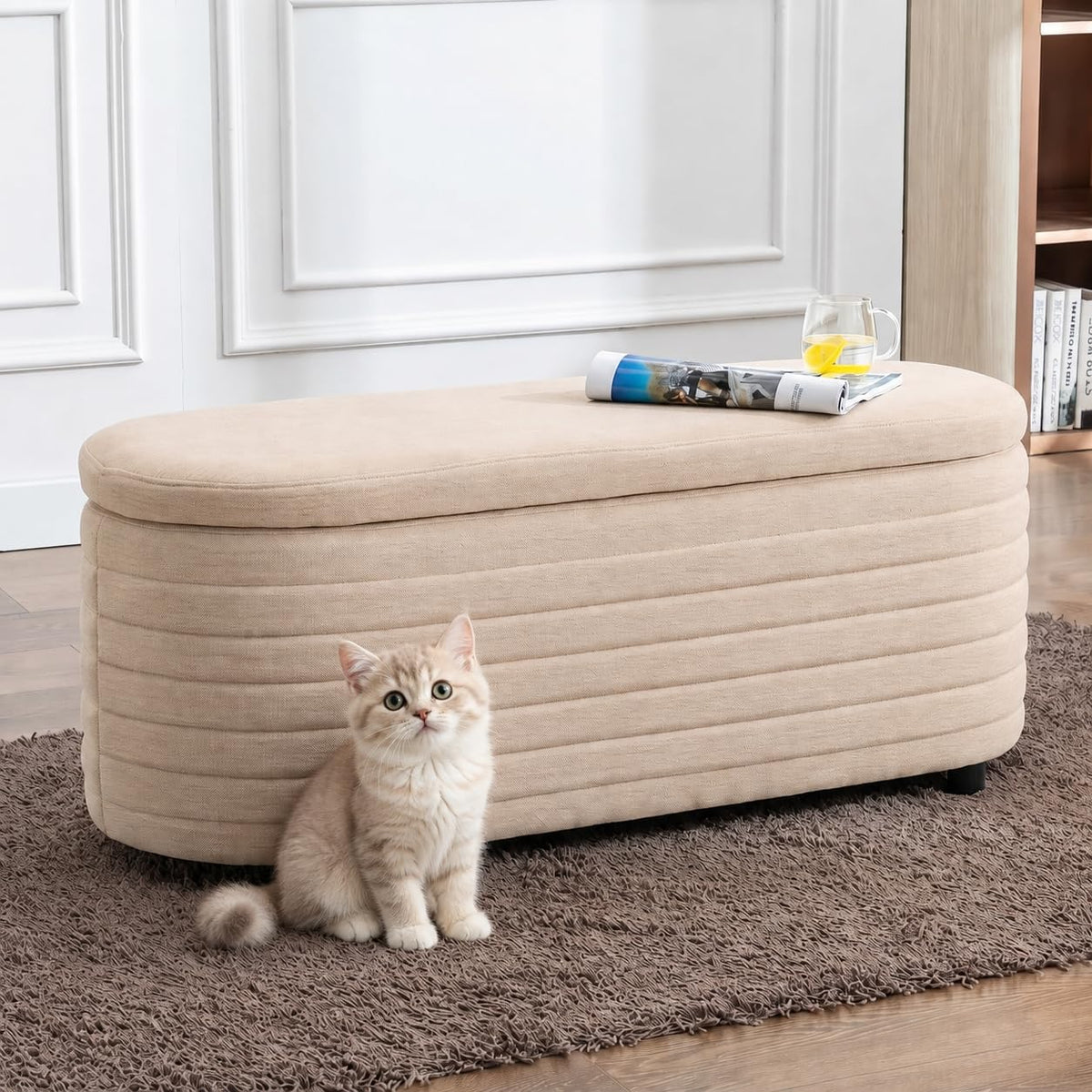 45.5" Storage Teddy Ottoman Bench Upholstered Fabric Bench Hidden Storage Chest with Slow-Close Safety Hinge for Bedroom, Living Room, Entryway, White