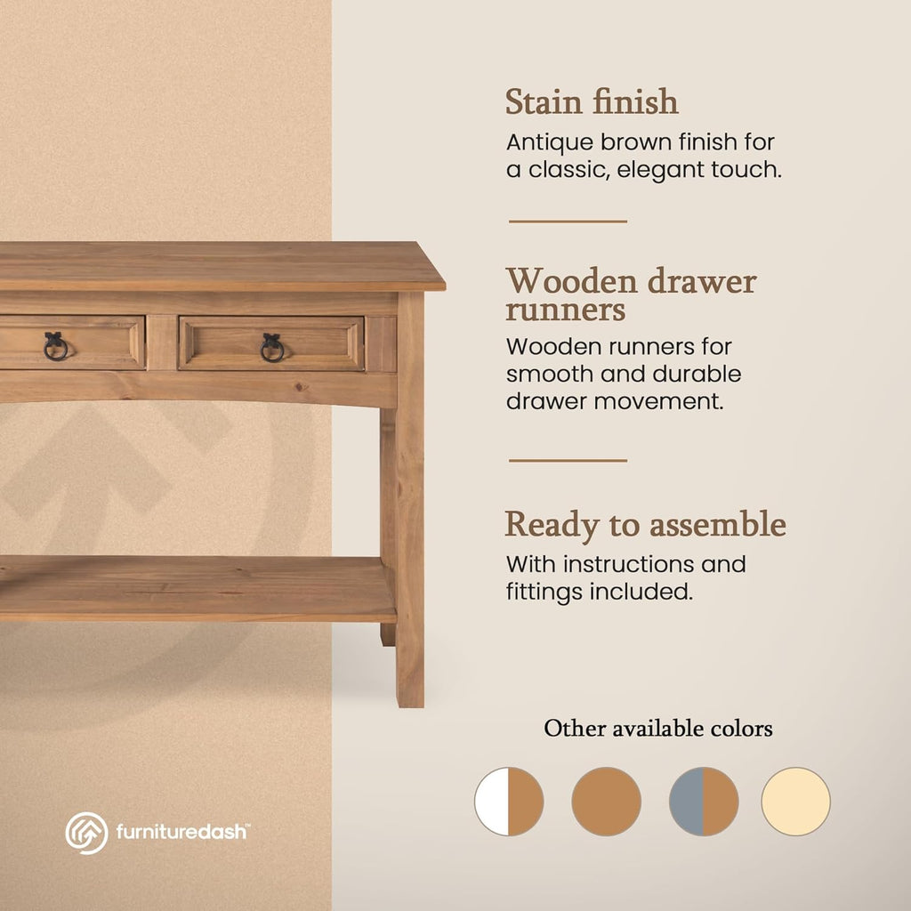 Furniture Dash Solid Wood Console Table Corona with 2 Drawers 34.49" W, 12.64" D, 28.82" H - Farmhouse Entryway Table with Storage Shelf, Tables for Living Room, Hallway Foyer for Office & Bedroom