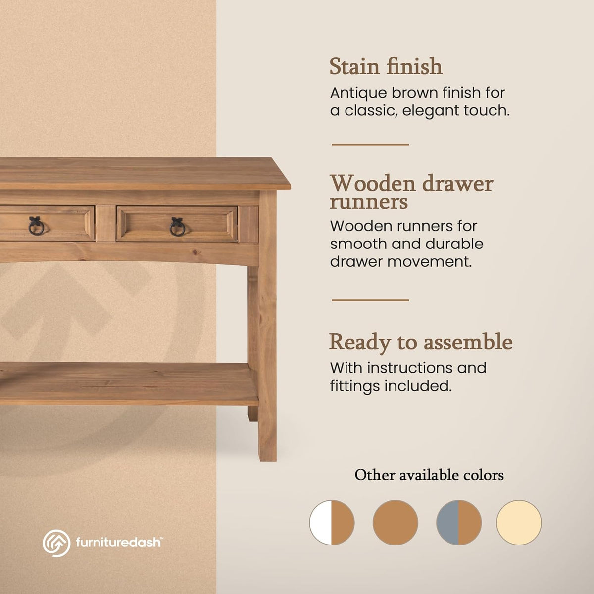 Furniture Dash Solid Wood Console Table Corona with 2 Drawers 34.49" W, 12.64" D, 28.82" H - Farmhouse Entryway Table with Storage Shelf, Tables for Living Room, Hallway Foyer for Office & Bedroom