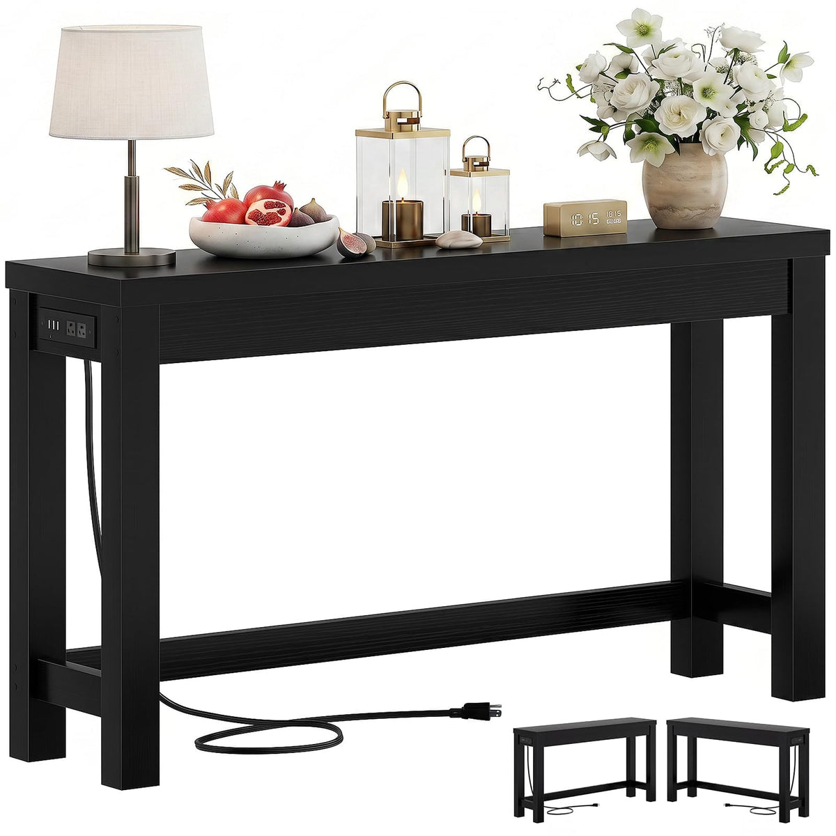 Cyclysio 63" Console Table with 2 AC Outlets & 3 USB Ports, Natural Oak