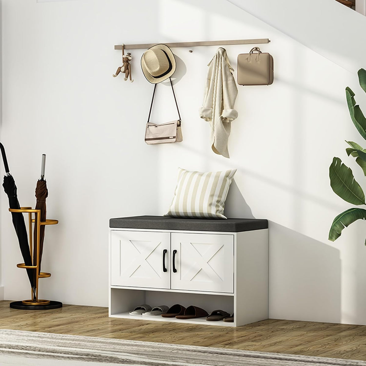 Farmhouse Shoe Storage Bench, Wooden End of Bed Bench, Shoe Storage Cabinet with Seat Cushion, Adjustable Shelf and Open Shelf for Living Room, Hallway, Bedroom
