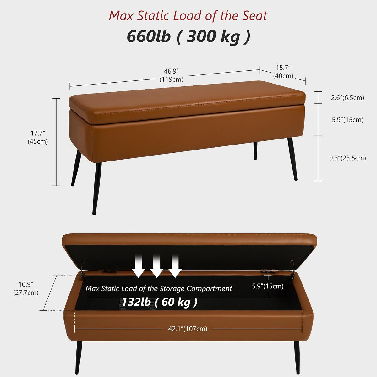 kinmars Leather Storage Ottoman Bench, End of Bed Bench with Steel Legs
