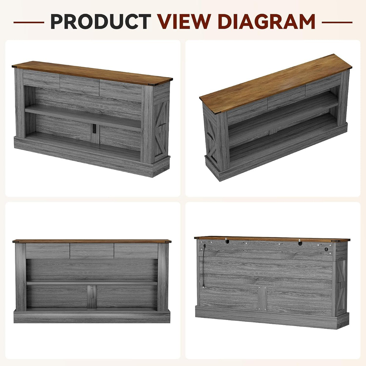 Miereirl 63" Console Table with Drawers & LED Light, Brown & Dark Grey