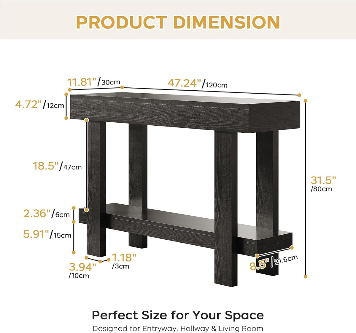 Console Table for Entryway, 47.2" Narrow Farmhouse Sofa Table Black