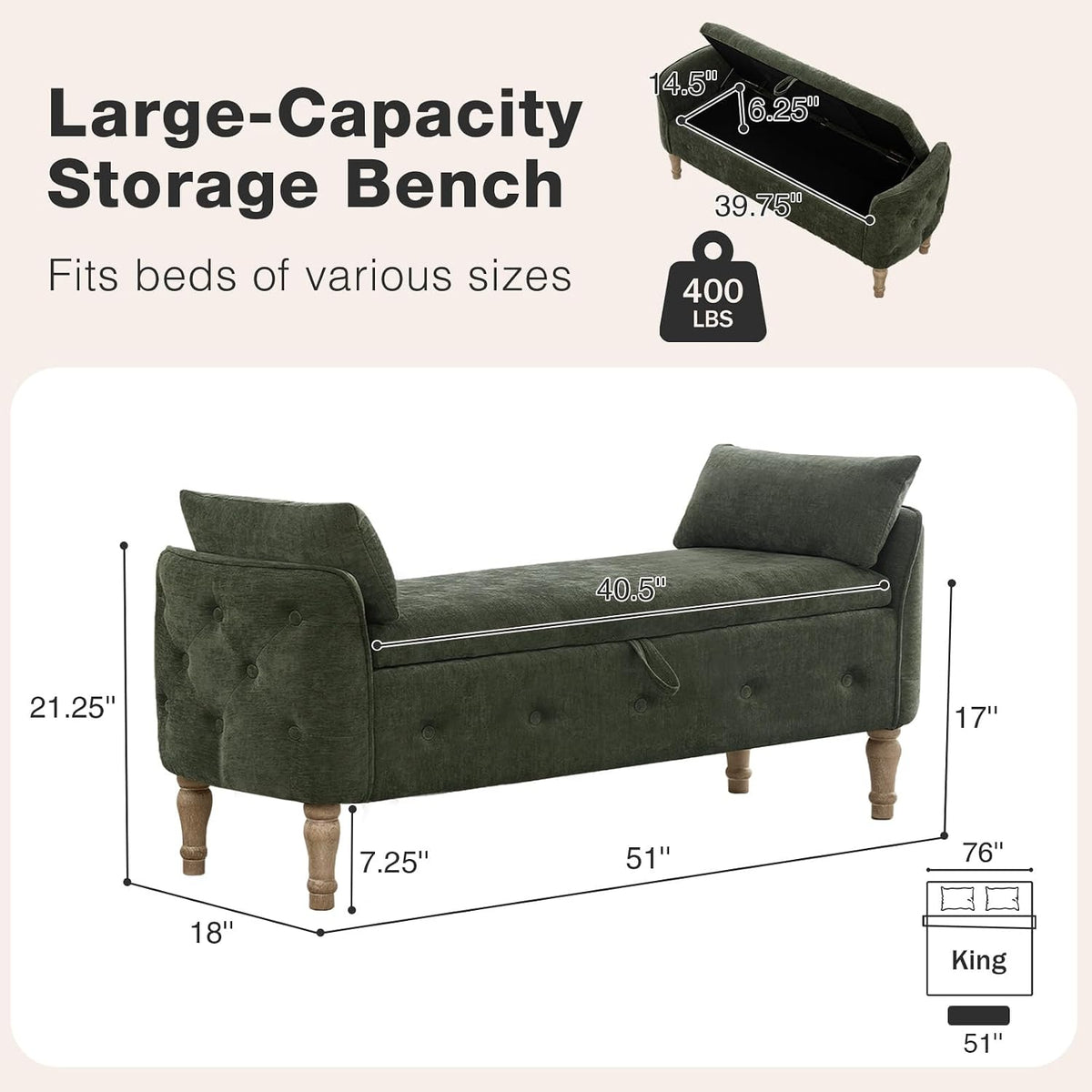 End of Bed Storage Bench King Size,51" Upholstered Bedroom Bench,Green
