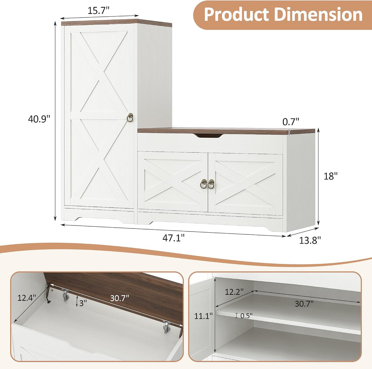 47'' Shoe Cabinet with Bench Seat, 7-Tier Shoe Storage Bench for Entryway with Adjustable Shelves, 0.7'' Top Panel and Hidden Lift Top Storage for Hallway Entrance, White