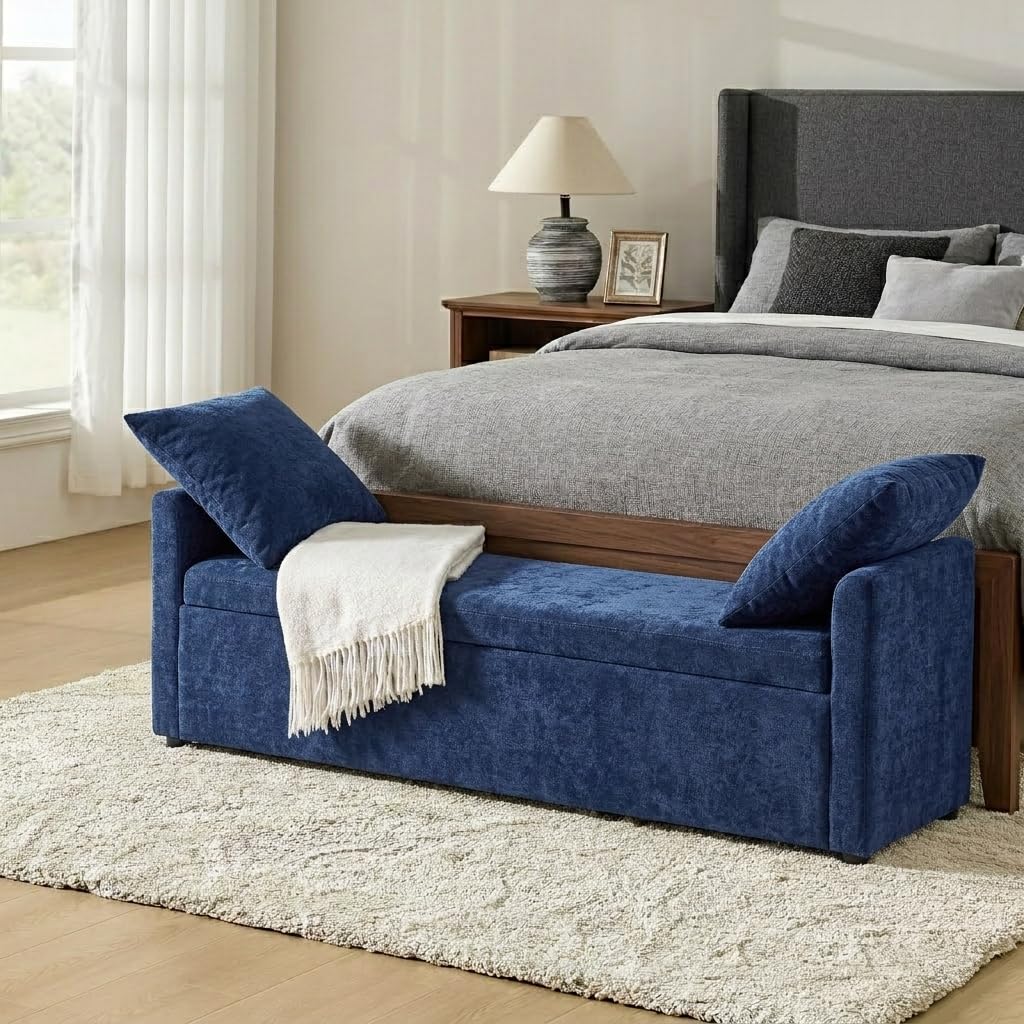 HULALA HOME 59" Storage Bench with 2 Throw Pillows & Armrests, Linen