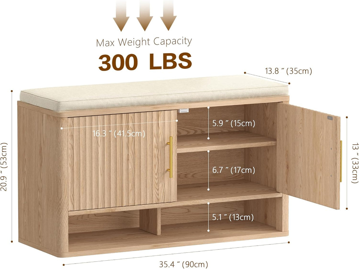 Fluted Shoe Storage Bench, Entryway Bench with Adjustable Shelves