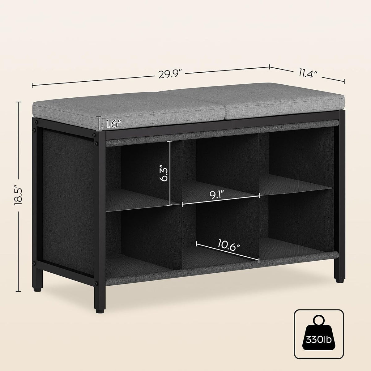 YATINEY Shoe Storage Bench with Cushion, Entryway Bench, Shoe Rack with Padded Seat and 6 Oxford Compartments, for Closet, Bedroom, Entryway, Black and Gray HX01BK