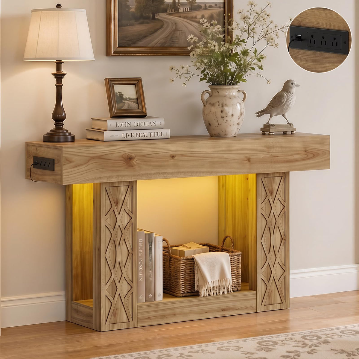 Unikito 47" Console Sofa Table with Power Outlet & LED Light, Grey & Brown
