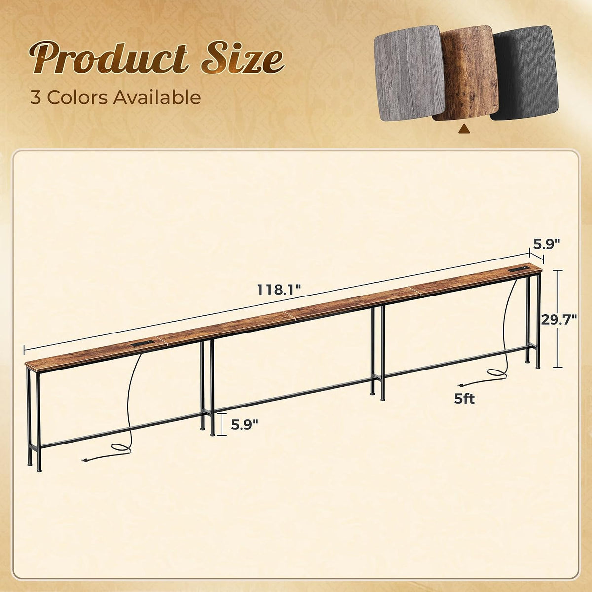 Huuger 118 Inch Sofa Table with Power Outlets, Skinny Behind Couch Table