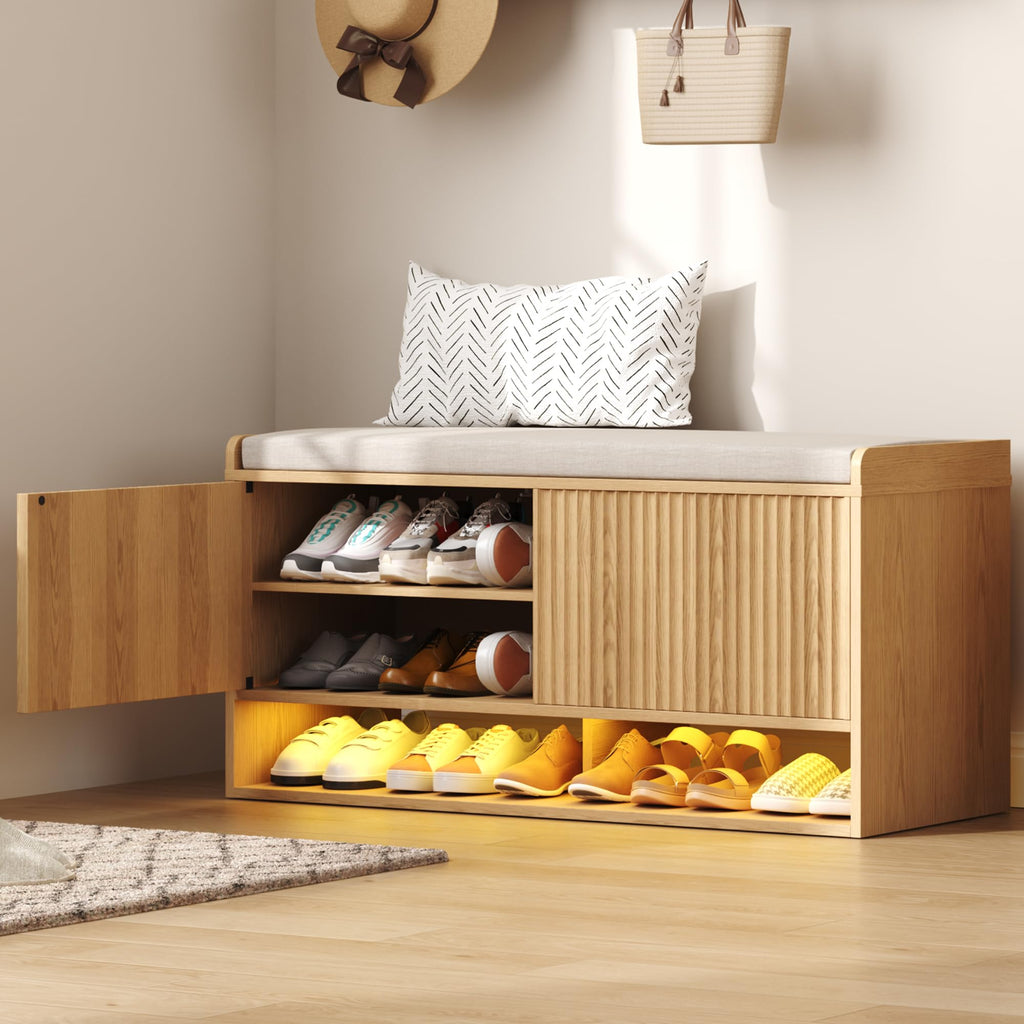 HOMEFORT 47.2" Fluted Shoe Storage Bench, Entryway Bench with Linen Seat Cushion, Shoe Cabinet Bench with Adjustable Shelf and Built-in LED Sensor Light, Bench for Bedroom End of Bed, Walnut