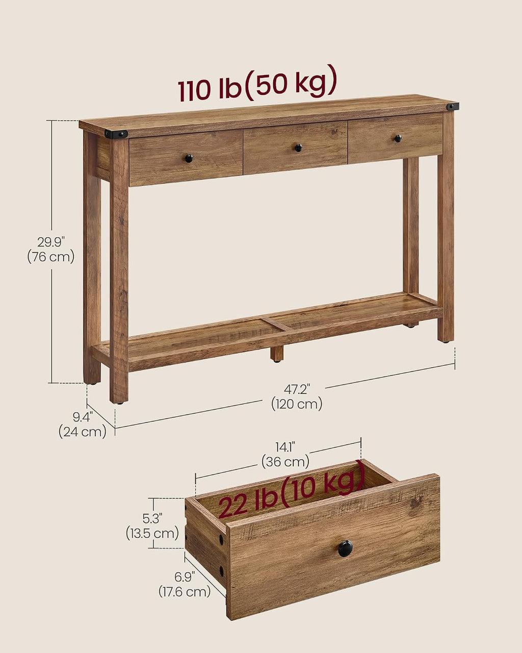 VASAGLE 47.2" Narrow Console Table with 3 Drawers and Open Storage Shelf