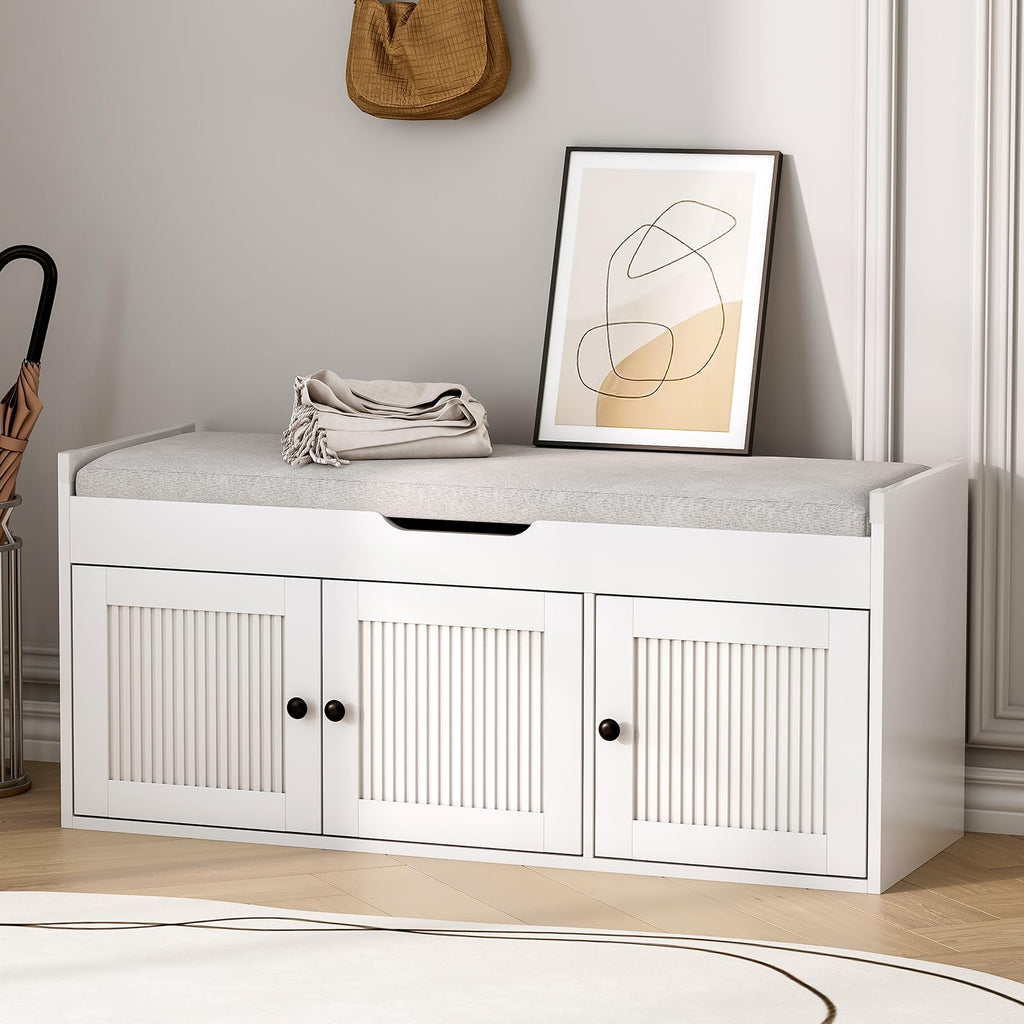 47.2" Storage Bench - Entryway Shoe Bench with Side Storage Shelves and 4 Doors, Multifunctional Entryway Bench with Lift Top Cushion, Shoe Storage Bench for Bedroom, Living Room, White
