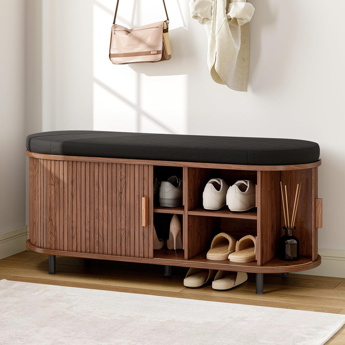 ONBRILL 43" Shoe Bench with Storage, Fluted Shoe Storage Bench, Walnut