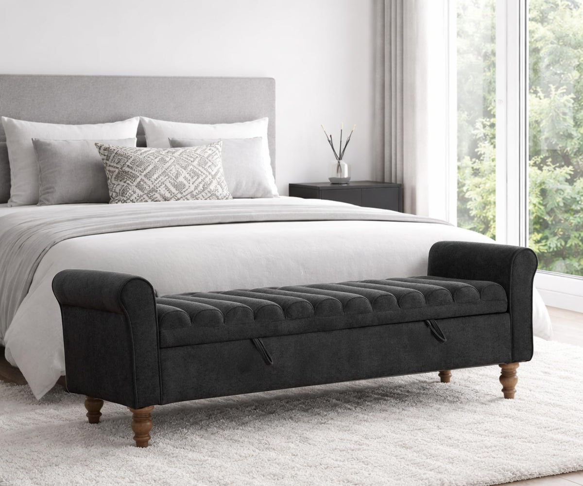 Storage Bench for Bedroom, 65.2'' Tufted End of Bed King Size Upholstered Extra-Long Bench with Dual Flip-Top Lids for Entryway, Hallway, Cloakroom, Window, Griege.