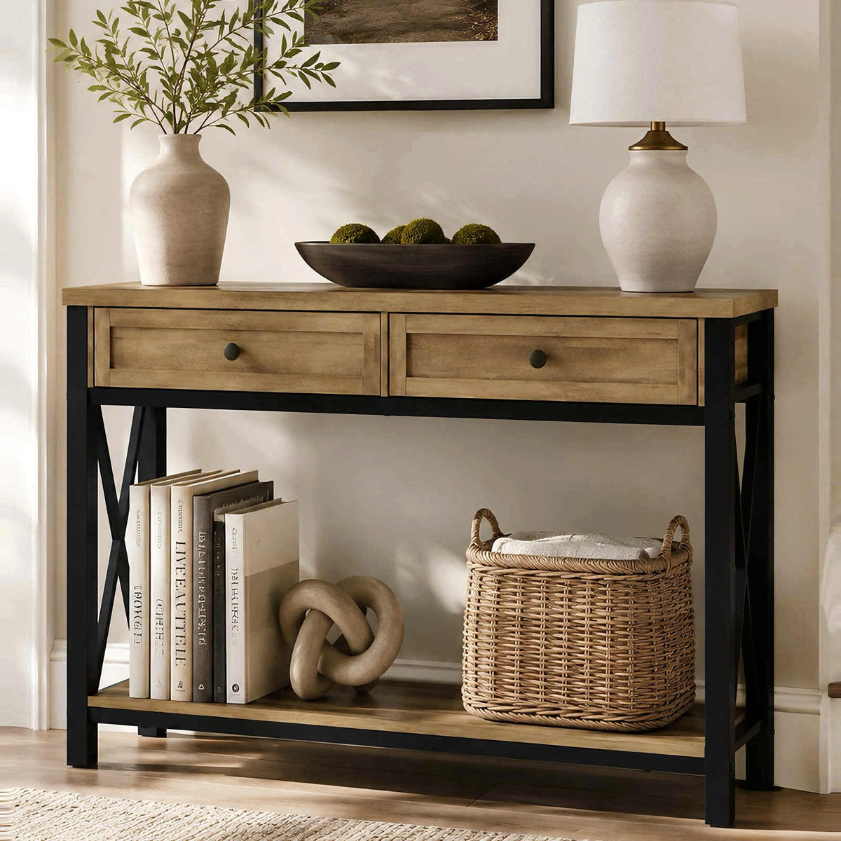 BON AUGURE 47” Narrow Console Table, 3 Tier Sofa Table Behind Couch, Rustic