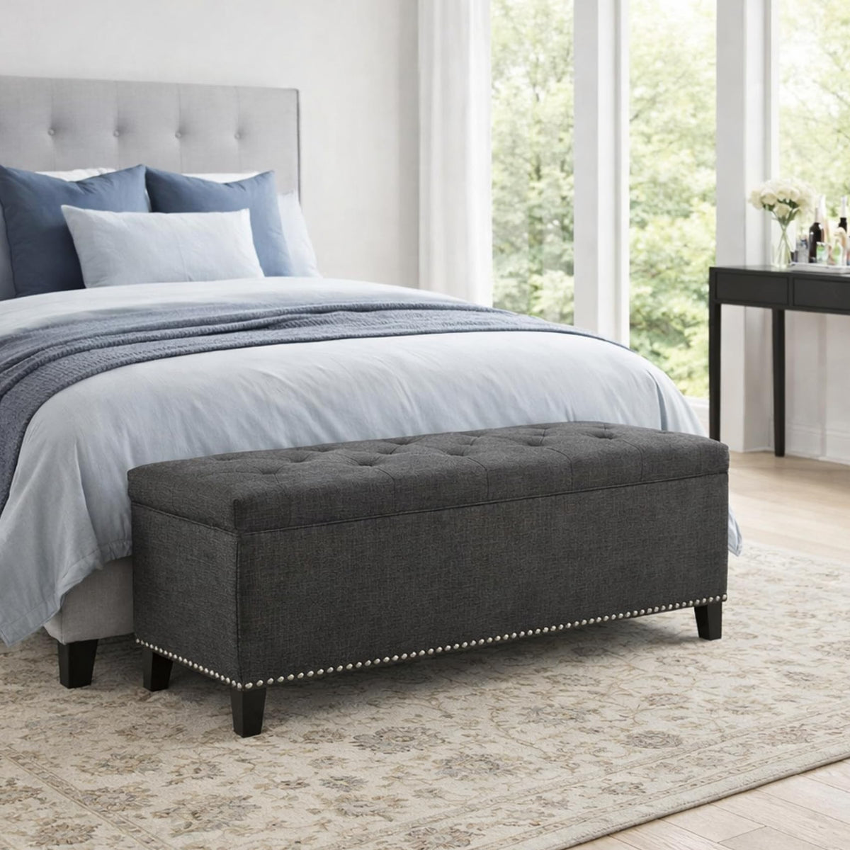 Storage Bench for Bedroom, 65.2'' Tufted End of Bed King Size Upholstered Extra-Long Bench with Dual Flip-Top Lids for Entryway, Hallway, Cloakroom, Window, Griege.