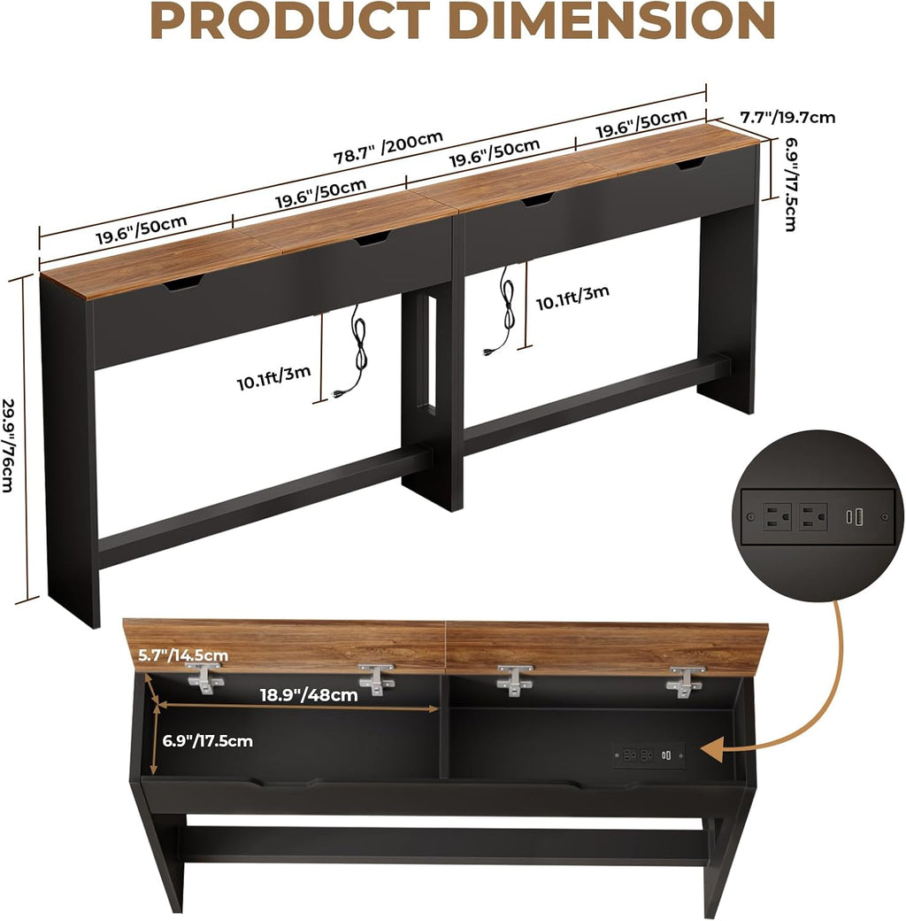 BROTTAR 78.7" Flip Top Behind Couch Table with Outlets and Storage, Brown