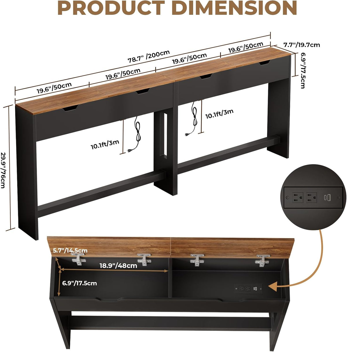 BROTTAR 78.7" Flip Top Behind Couch Table with Outlets and Storage, Brown