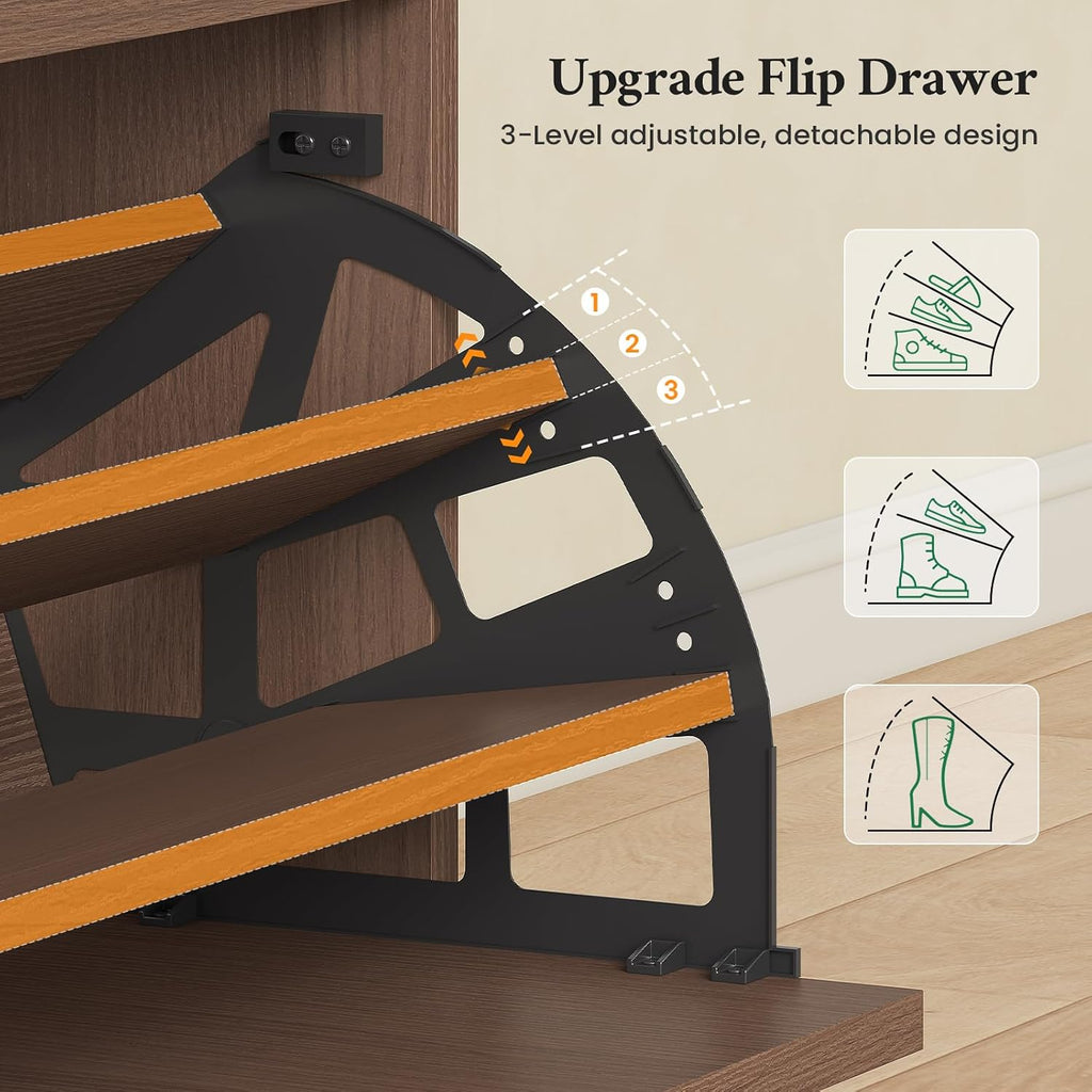 45.3" L-Shaped Storage Bench, Entryway Bench with Shoe Storage and Cushion, 3-Level Adjustable Shelves Flip Drawer & Side Cabinet with Fluted Panels for Hallway, Mudroom, Living Room, Walnut