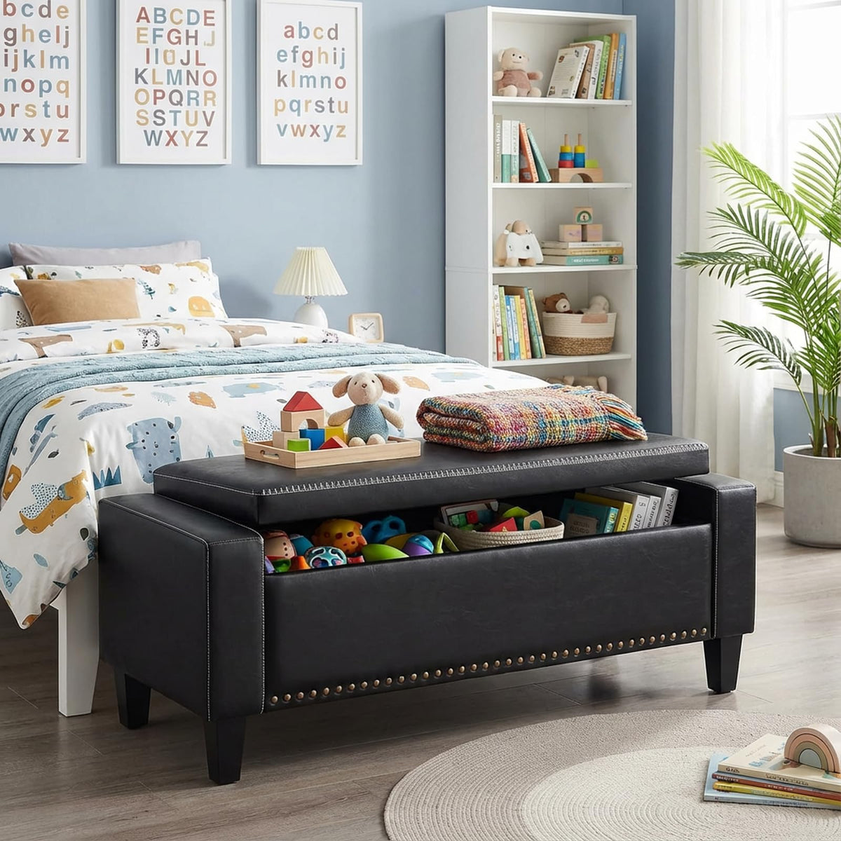AKMAKM 49''W Storage Ottoman Bench, 30 Gallons End of Bed Bench, Faux Leather, Mid Century Modern, Upholstered Bench with Storage and Seat for Entryway, Living Room, Holds up to 350 lb, Green
