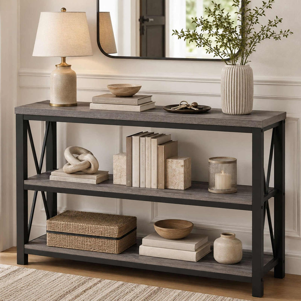 BON AUGURE 47” Narrow Console Table, 3 Tier Sofa Table Behind Couch, Rustic